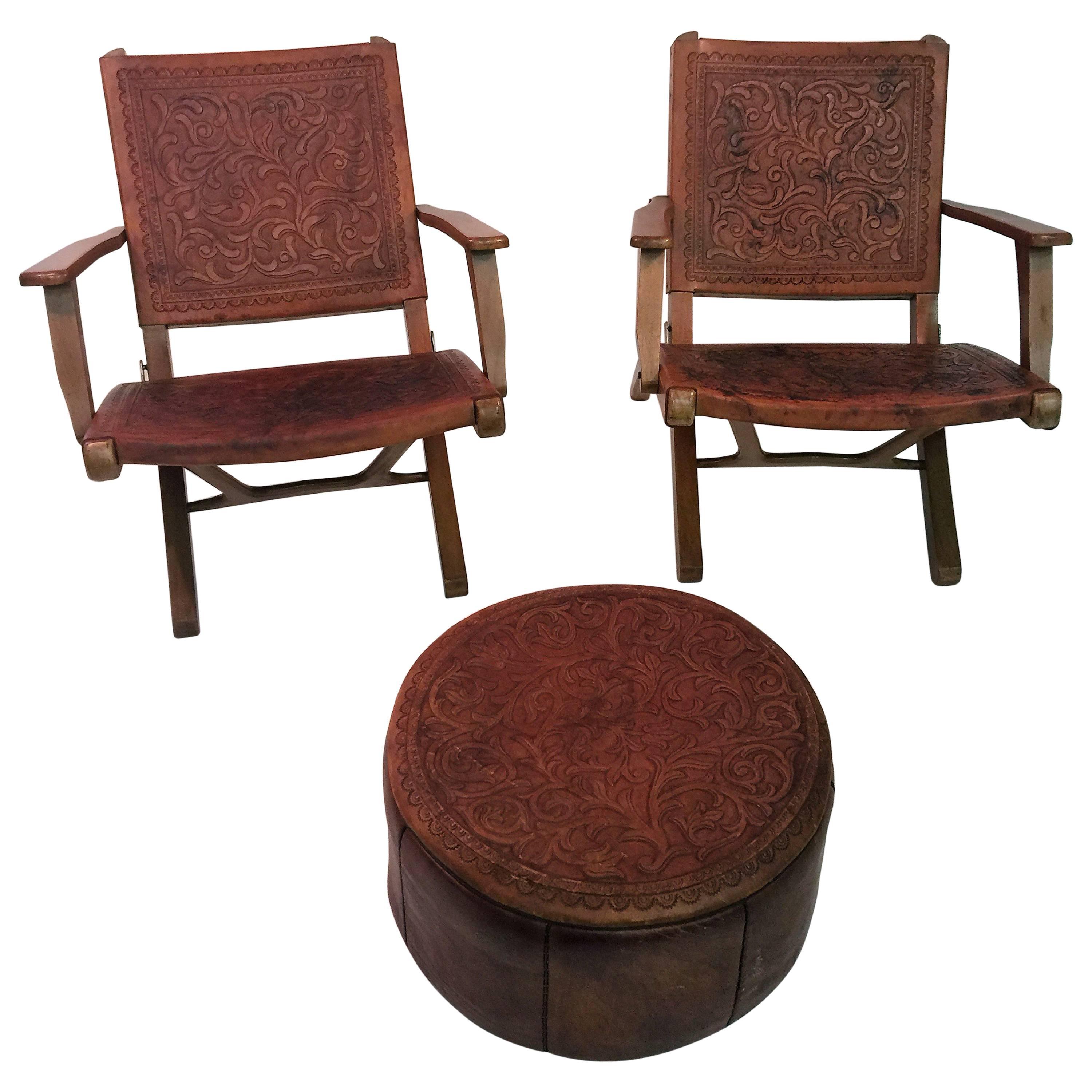 Great Pair of Hans Wegner Style Saddle Tooled Leather Folding Chairs and Ottoman For Sale