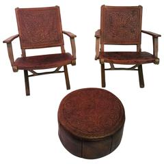 Used Great Pair of Hans Wegner Style Saddle Tooled Leather Folding Chairs and Ottoman