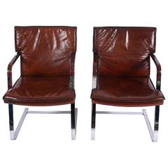 Pair of Brown Leather Chairs, French, 1960s