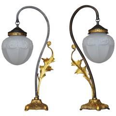 Pair of Art Deco Gild and Patinated Bronze Table Lamps with Frosted Glass Shade 9