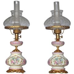 Pair of French Vintage White and Rose Hand-Painted Porcelain Table Lamps