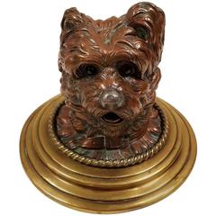 Antique Late 19th Century Austrian Geschutzt Cold Painted Bronze Terrier Ink Well