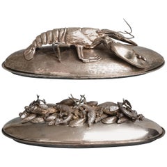 Two Silver Plated Hand-Hammered Franco Lagini Lobster and Mussel-Fish Platters