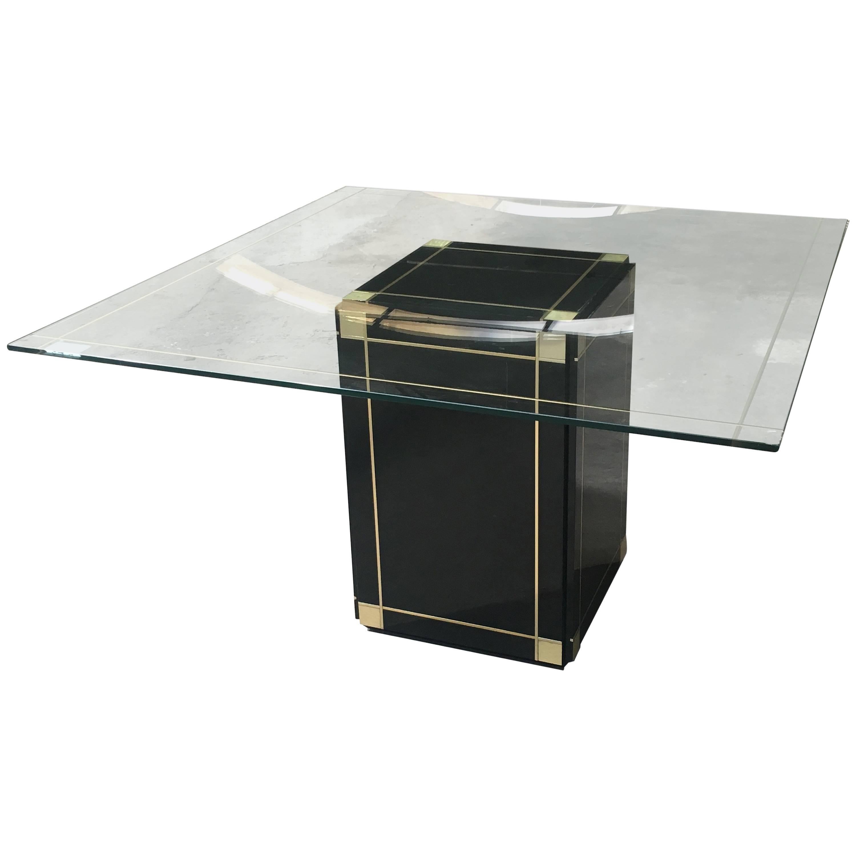 Italian Willy Rizzo Dining Table with Glass Top and Black Lacquered Base