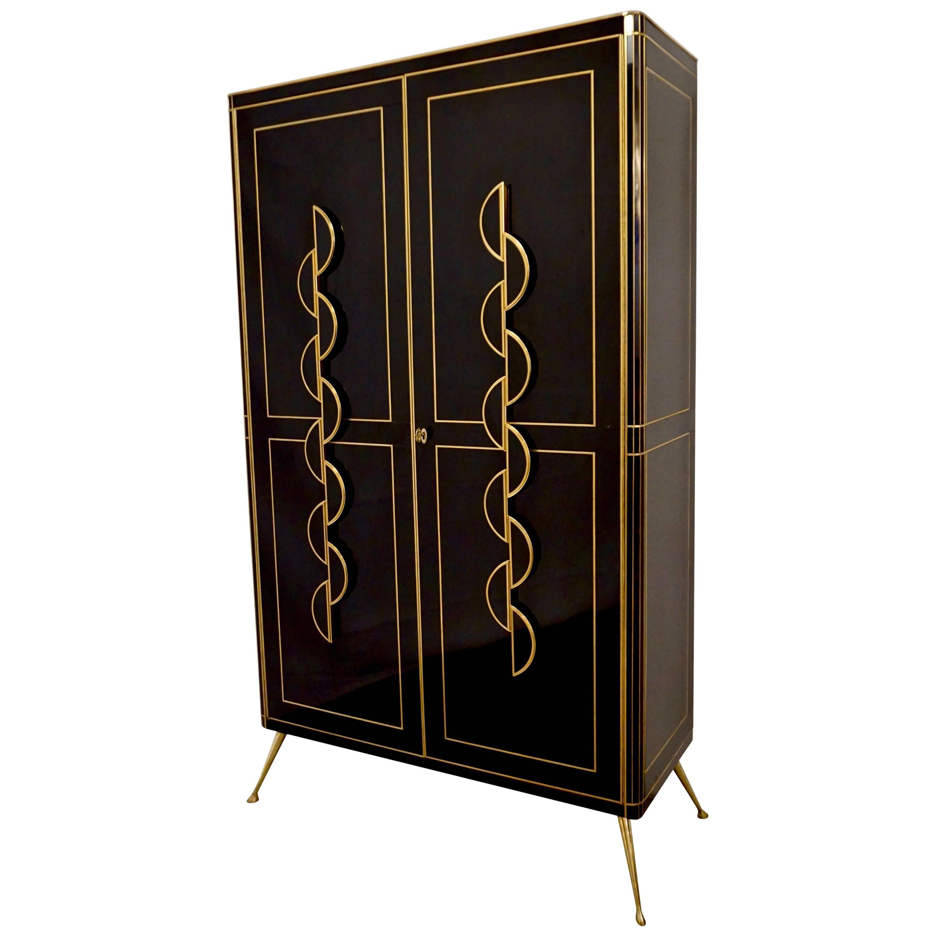 1970s Italian Art Deco Design Gold Brass and Black Glass Tall Cabinet / Bar