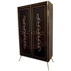 Retro 1970s Italian Art Deco Design Gold Brass and Black Glass Tall Cabinet / Bar