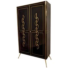 Late 1970s Italian Art Deco Design Brass and Black Glass Tall Cabinet or Bar 5