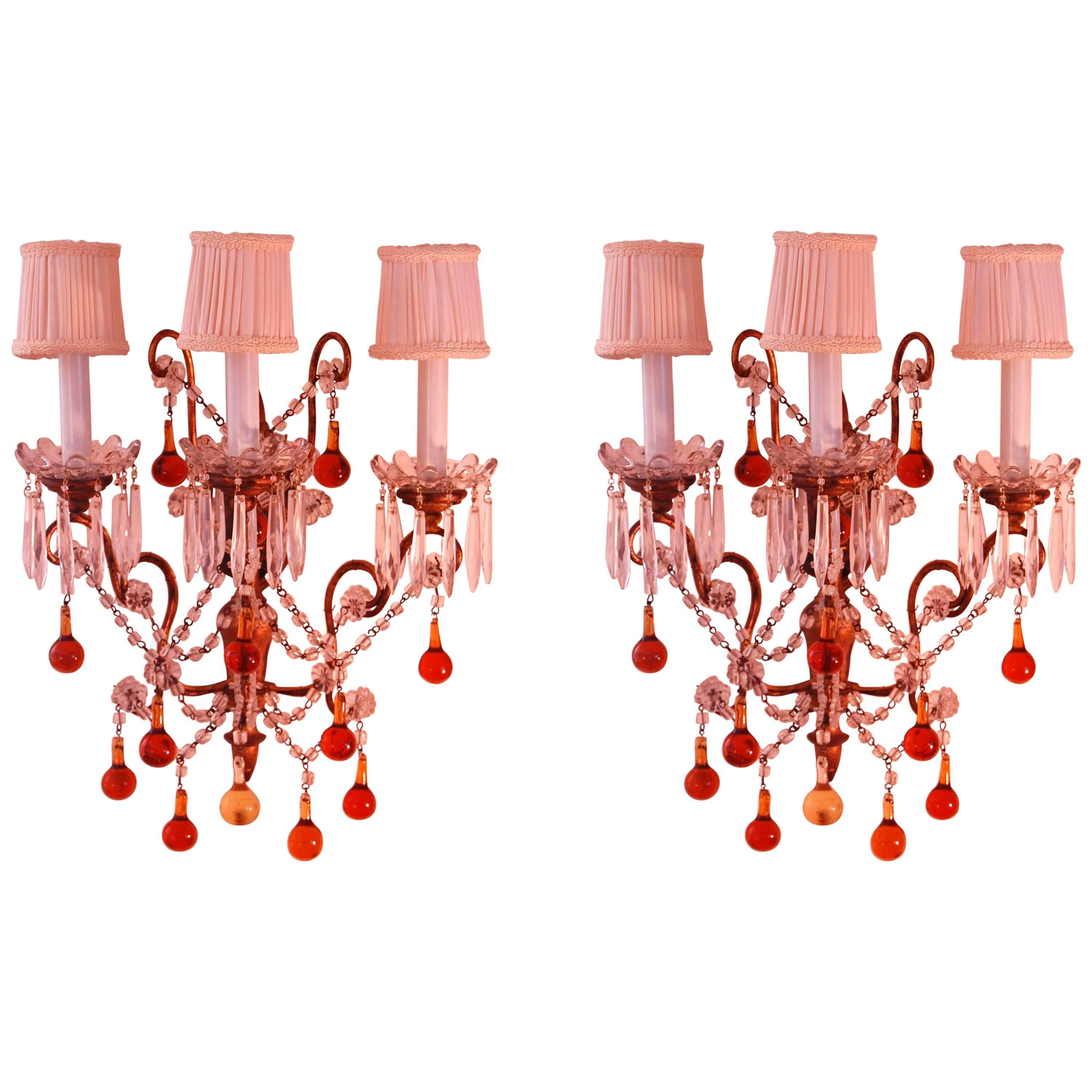 Pair of Italian Sconces with Amber and Clear Glass Beads, circa 1920