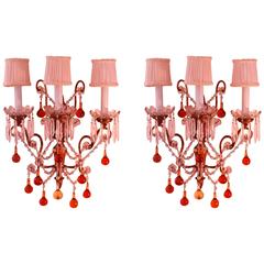 Pair of Italian Sconces with Amber and Clear Glass Beads, circa 1920