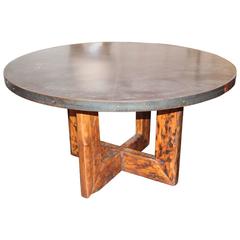 Steel Banded Zinc Top with French Re-Claimed Wood Base