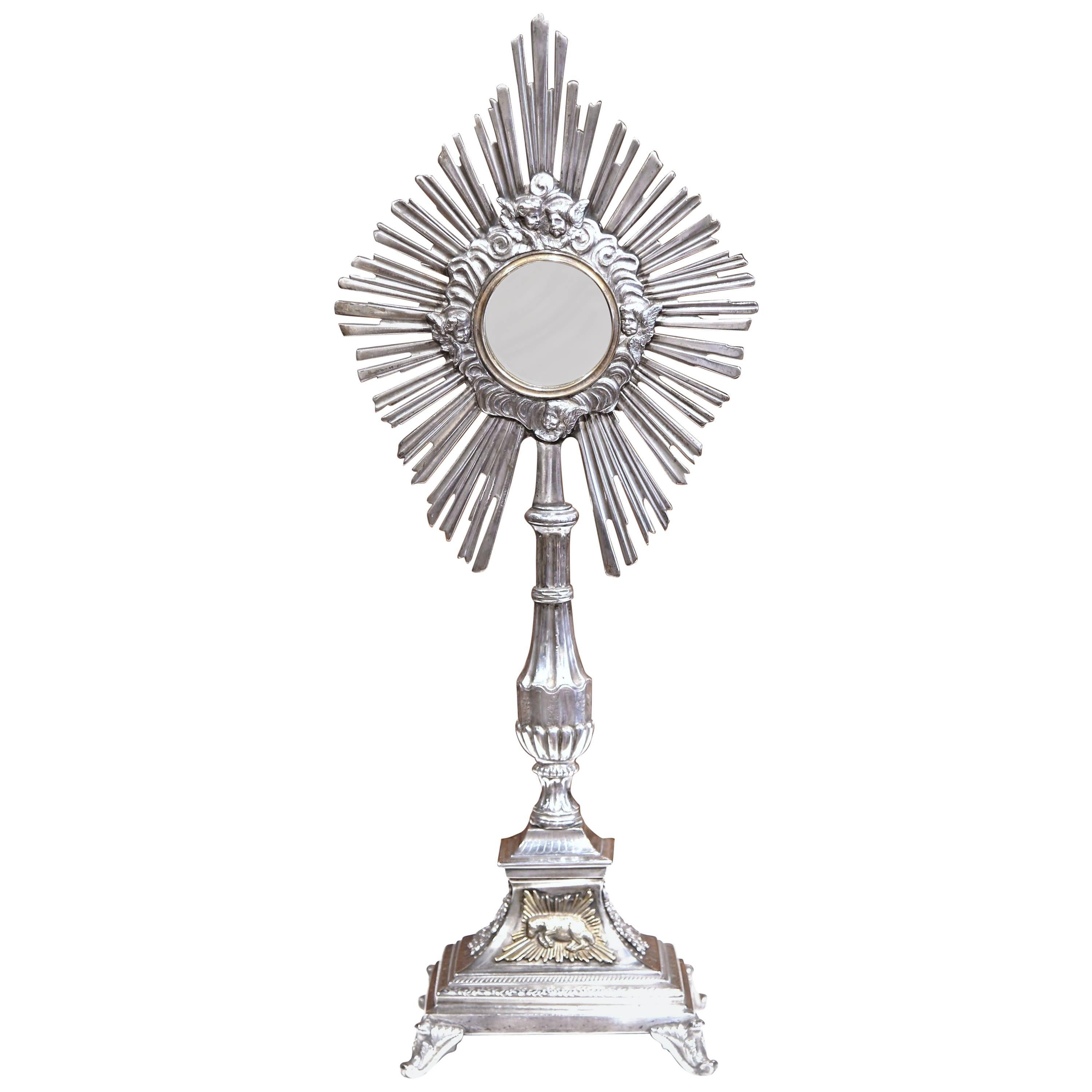 18th Century French Bronze Silvered Catholic Monstrance with Shining Sun