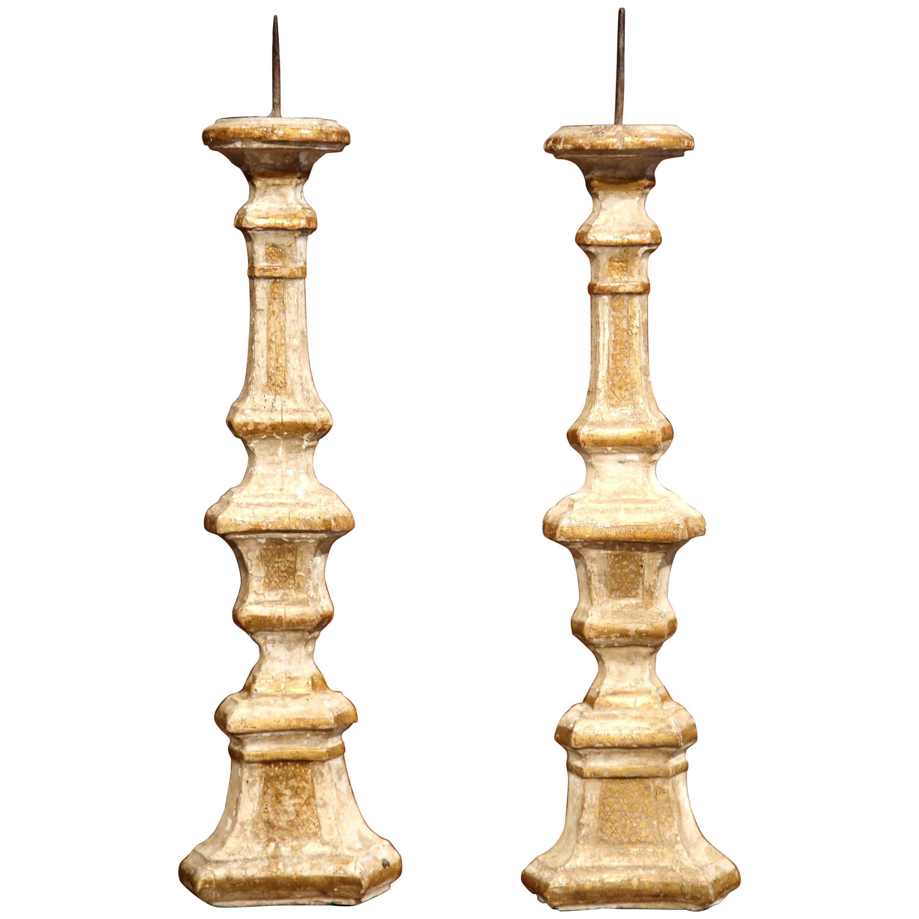Pair of 19th Century French Carved and Gilt Altar Sticks with Engraving Decor
