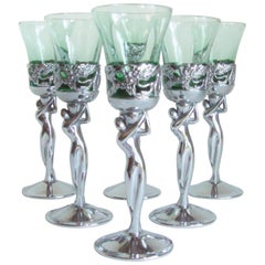 Set of Six Japanese Art Deco Chrome & Green Glass Androgynous Nude Liqueur Cups