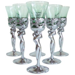 Ensemble de six gobelets à liqueur Art Déco japonais en chrome & Verre vert androgyne nu