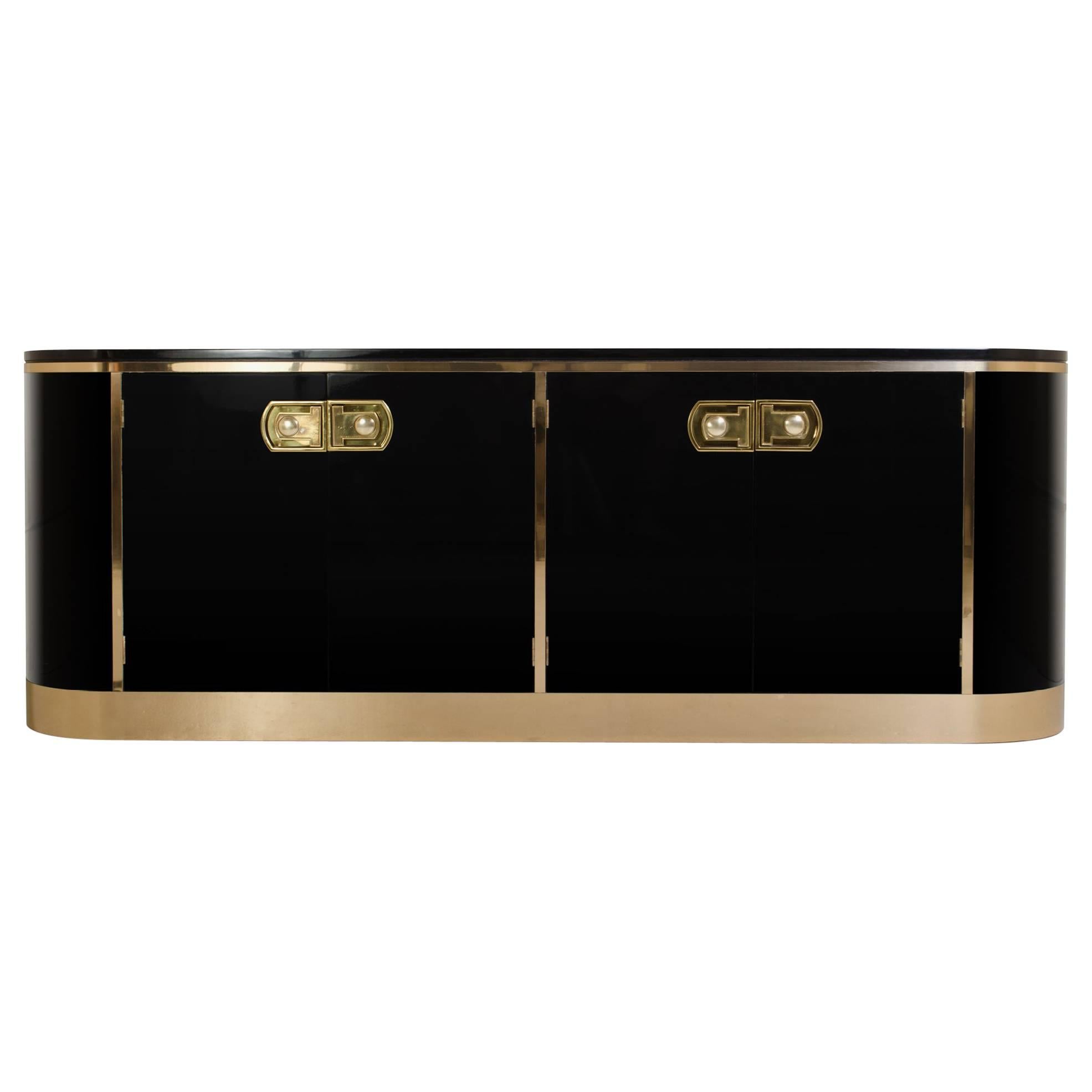 Ebony Lacquer and Polished Brass Credenza by Mastercraft