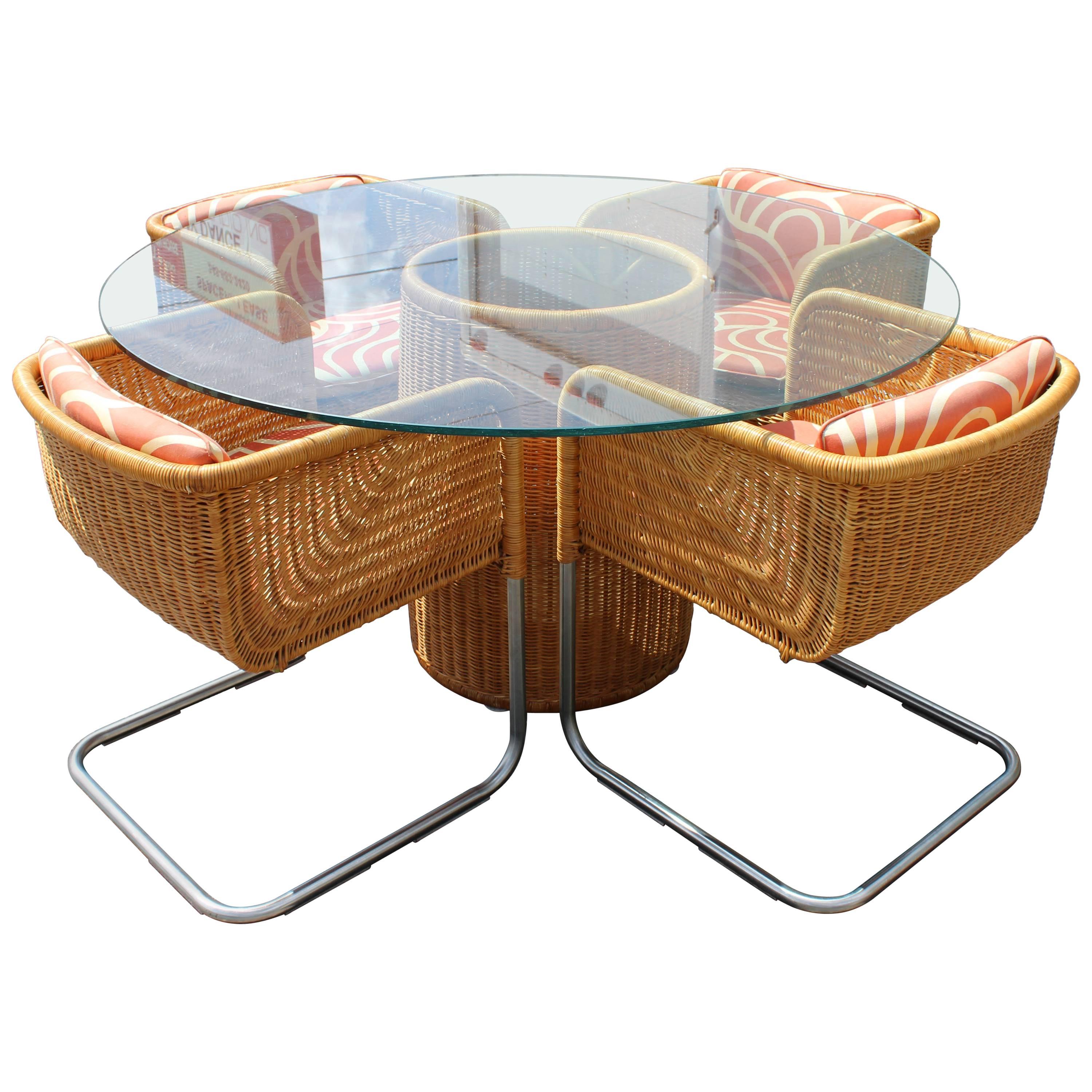 Mid-Century Modern Harvey Probber Wicker Patio Set Table and Four Basket Chairs