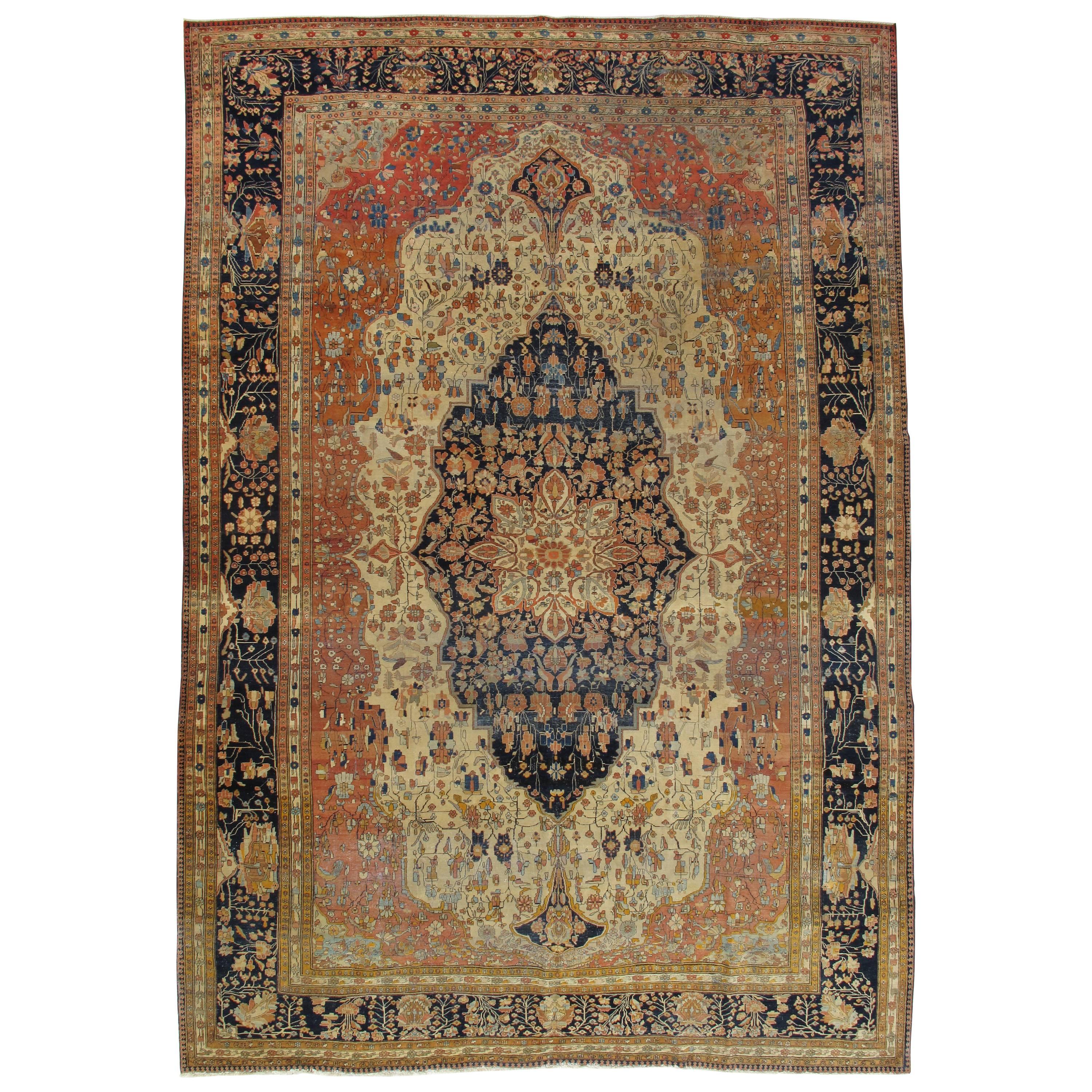 Antiker persischer Mohtasham Kashan-Teppich, handgefertigter orientalischer Teppich, Elfenbein, Marine, Rost