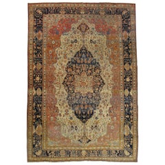 Tapis persan ancien Mohtasham Kashan, tapis oriental fait à la main, ivoire, bleu marine, rouille