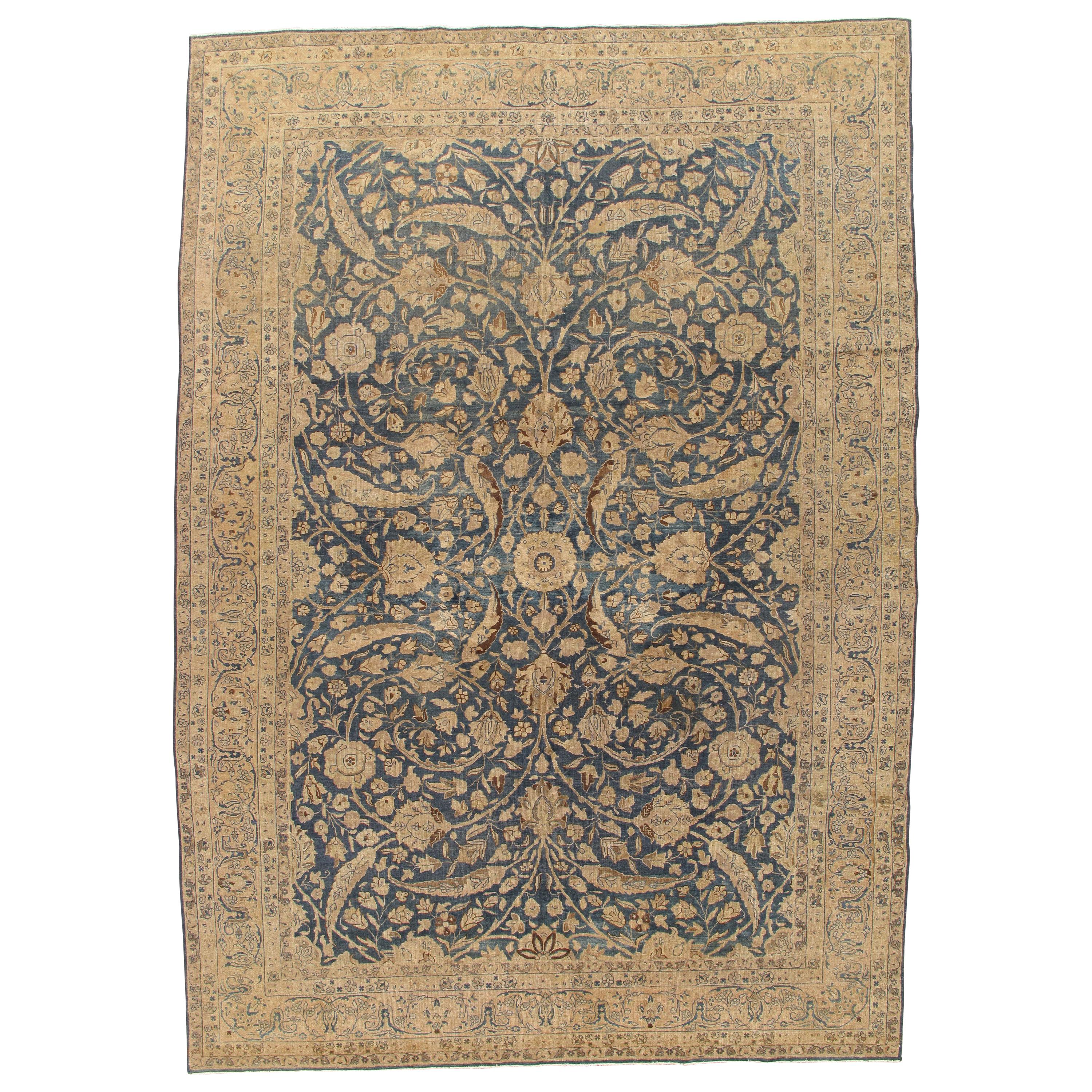 Antique Tabriz Carpet, Handmade Persian Rug in Floral Gold, Blue and Taupe
