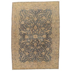 Tapis persan ancien de Tabriz, tapis fait à la main en or à fleurs, bleu et taupe