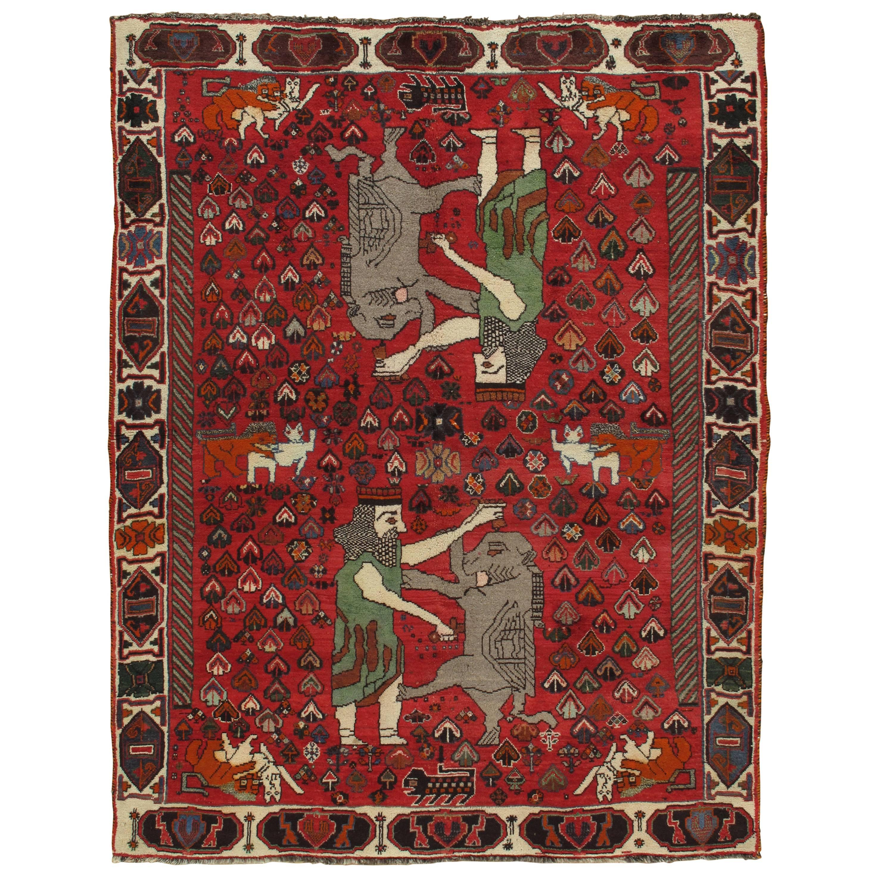 Vintage Shiraz Rug, Nomadic Handmade Wool Rug, Red, Green, Navy, Gray and Ivory