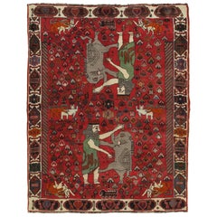 Retro Shiraz Rug, Nomadic Handmade Wool Rug, Red, Green, Navy, Gray and Ivory