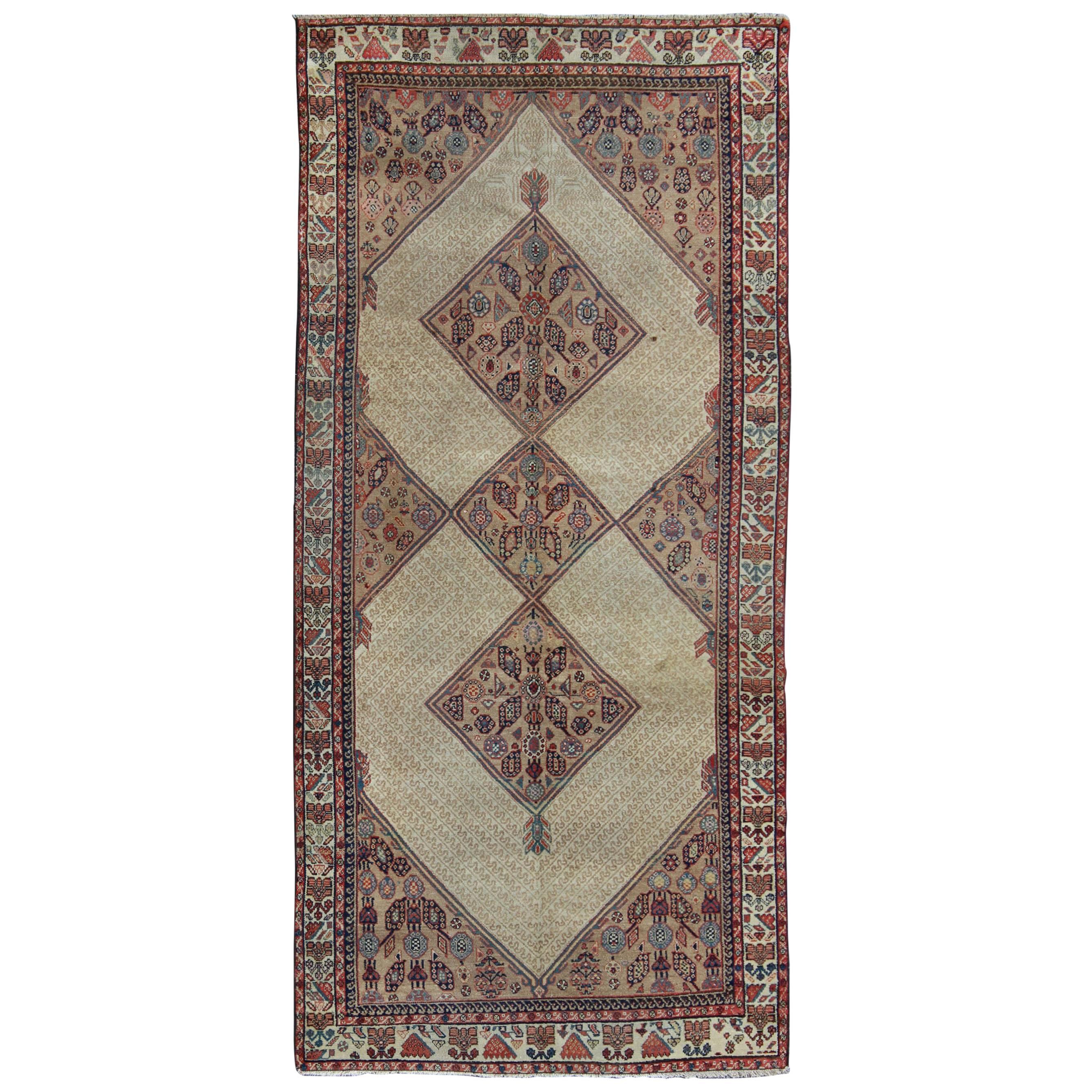 Antique Persian Serab Runner with Tribal Geometric Pattern in Camel, Red & Blue For Sale