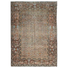 Antique Persian Malayer Carpet with Geometric Design in Blue, Brown and Salmon