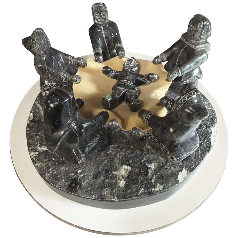 Large Scale Inuit Soapstone Carving of Nalukatuk "Inuit Blanket Toss