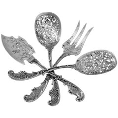 Antique Bouton French Sterling Silver Hors D'oeuvre Dessert Set 4 Pc, Original box 