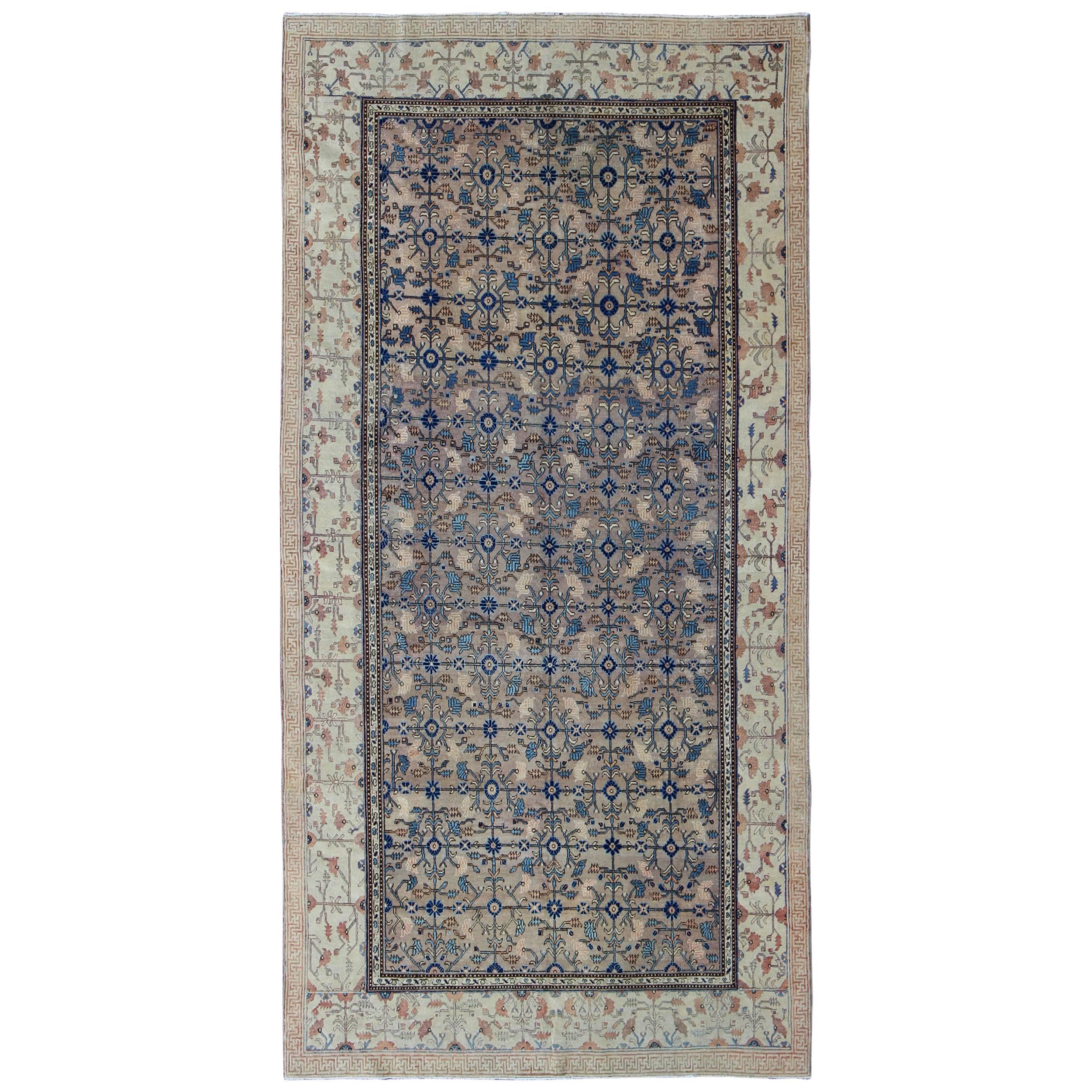 Antique Khotan Rug with All-Over Floral Blossom Design in Gray, Ivory and Blue