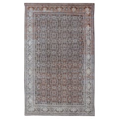 Antique Mahal Persian Carpet with All-Over Herati Design in Ivory, Gray & Brown