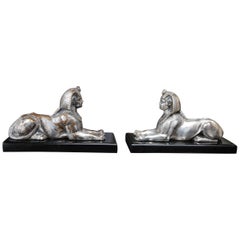Pair of French Empire Silvered Bronze Sphinxes