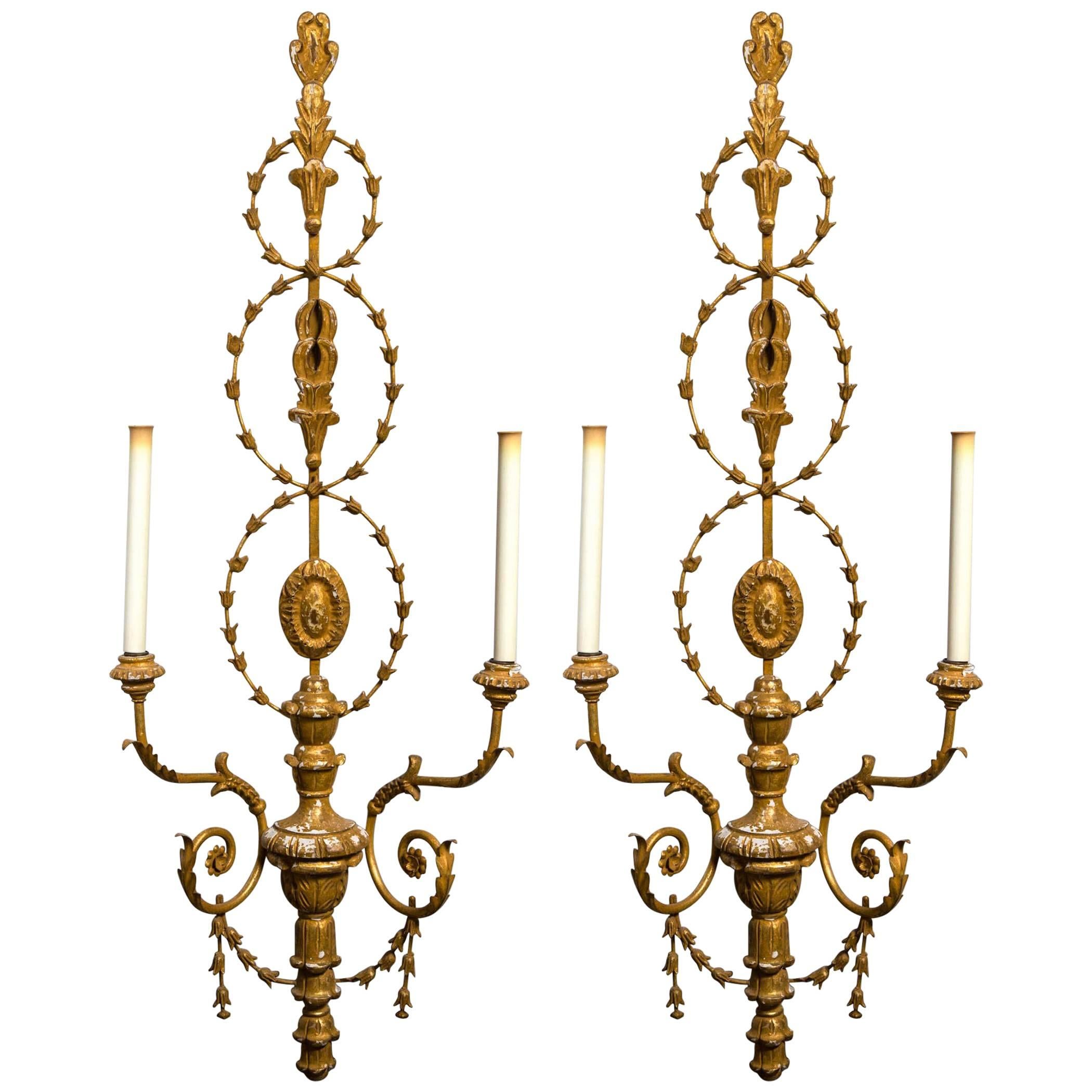 Elegant Pair of Neoclassical Carved Wood Two-Light Sconces For Sale