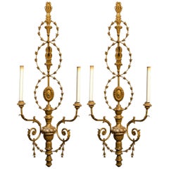 Elegant Pair of Neoclassical Carved Wood Two-Light Sconces