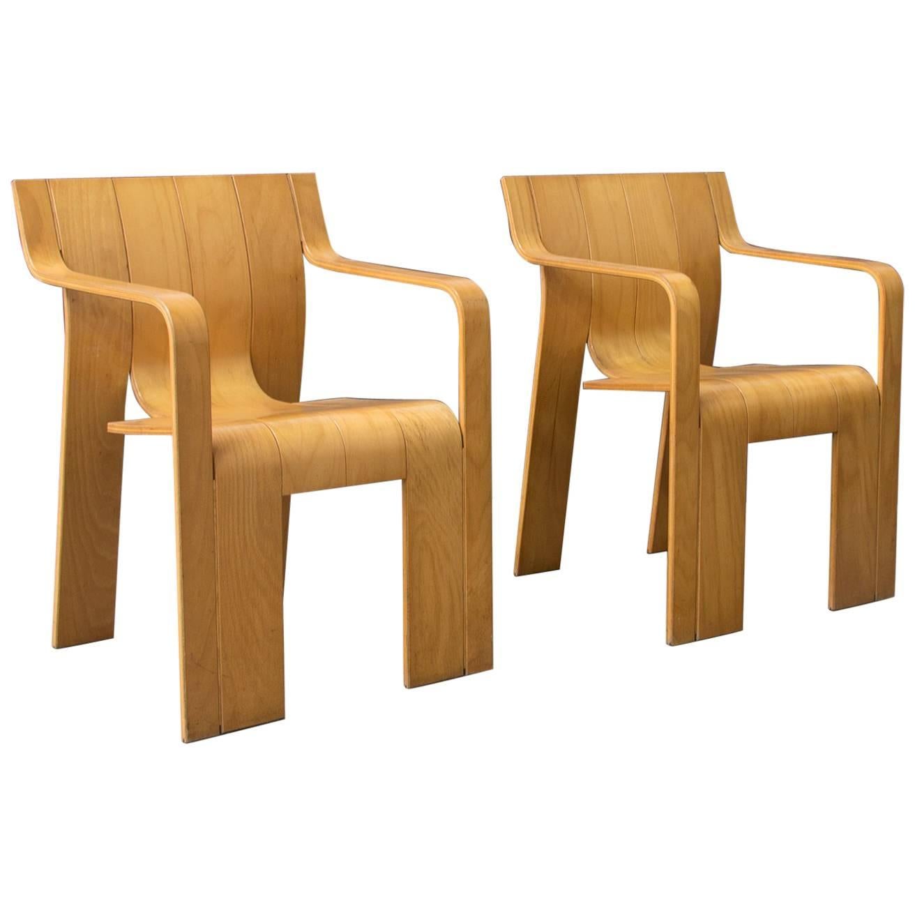 1974, Gijs Bakker for Castelijn, Set of Rare Stackable Wooden Strip Armchairs