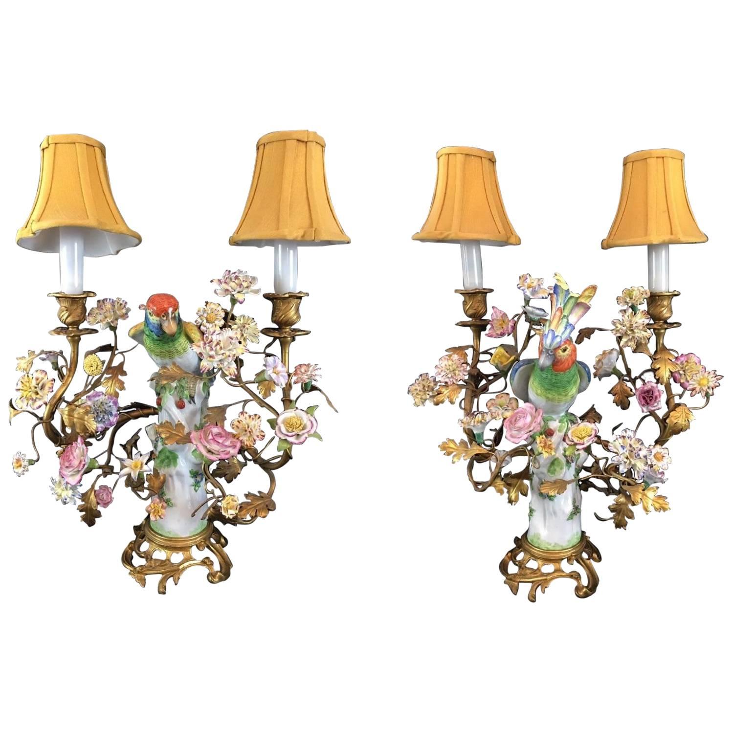 Pair of French/German Porcelain Parrot Lamps 19th Century, After Meissen