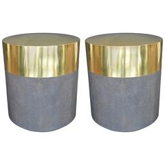 Pair of Small Dark Grey Shagreen and Brass Side Tables