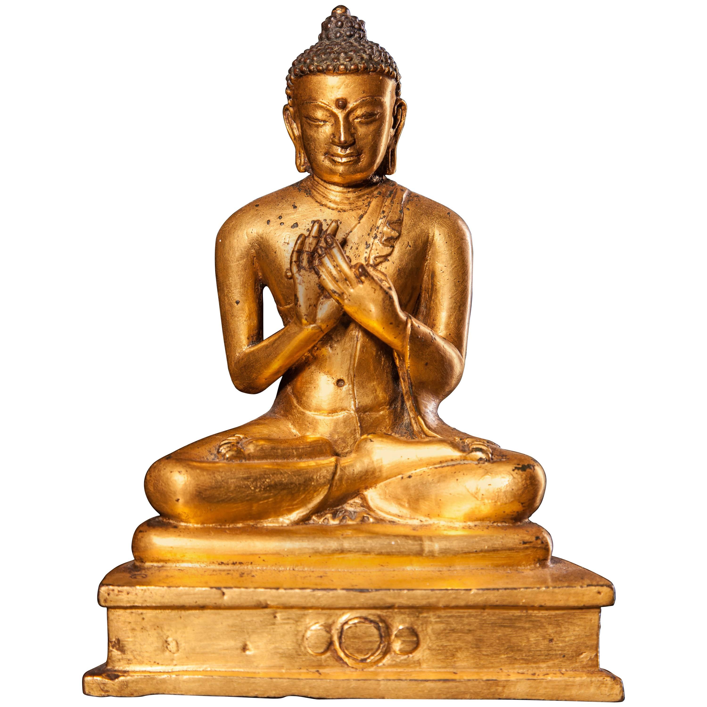 13th Century Gilt Bronze Figure of Shakyamuni Buddha For Sale