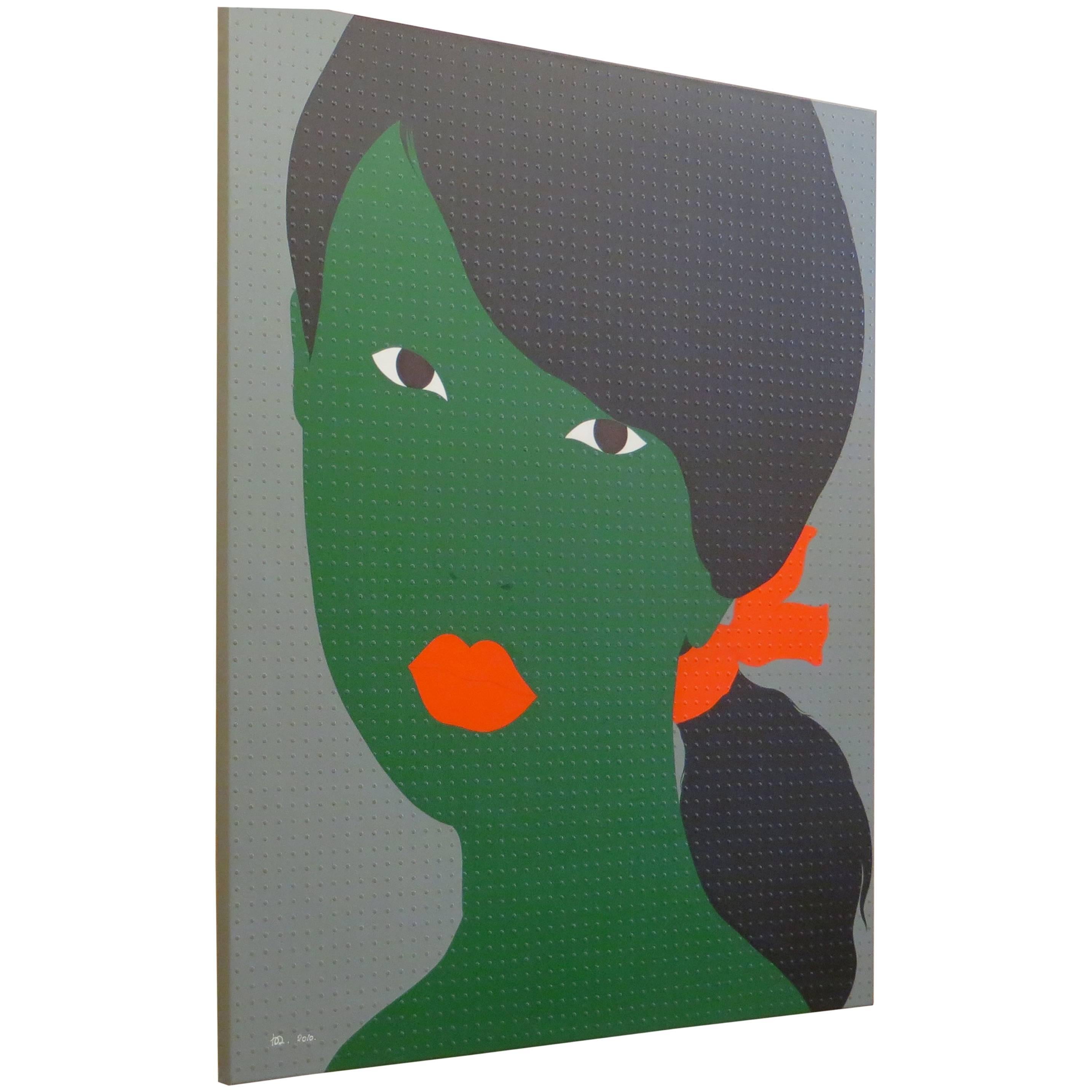 Contemporary Acrylic Painting - Green Female Face on Dotted Canvas 2010 im Angebot
