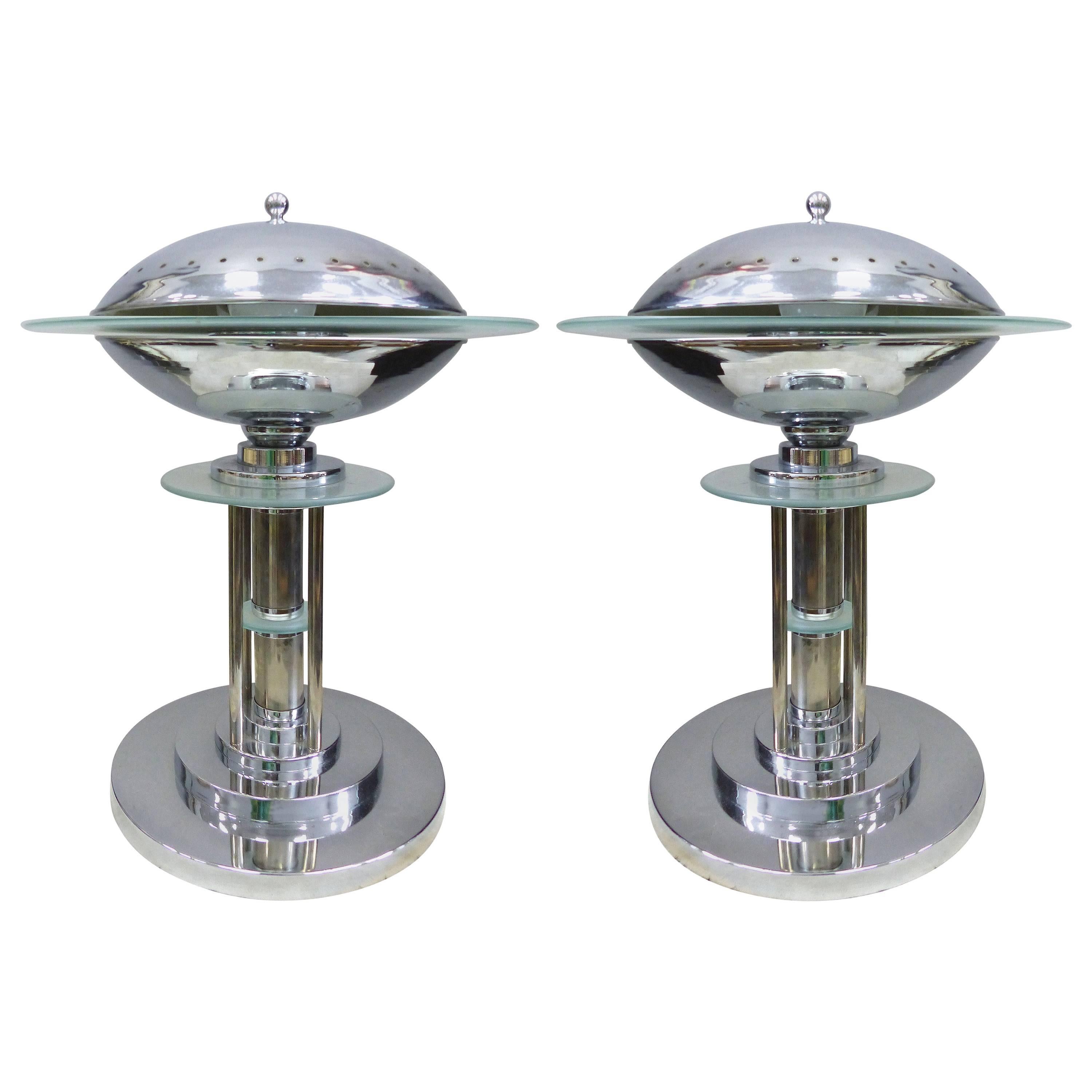 Mid-Century American Art Deco Style Chrome Lamps, Pair