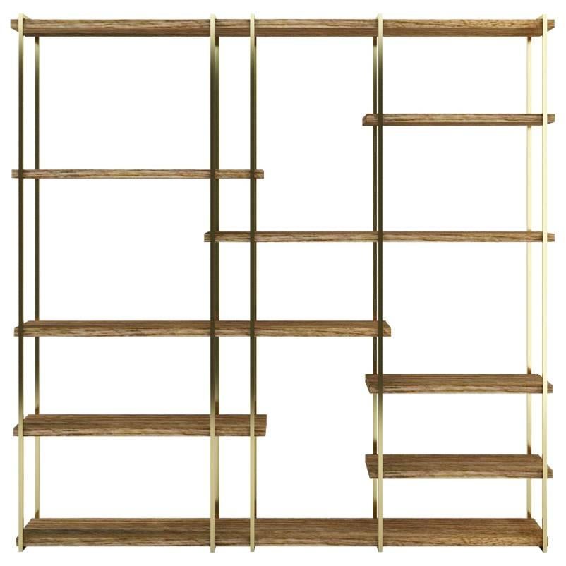 Modern Shelves in Brass finishing and Walnut veneer  For Sale