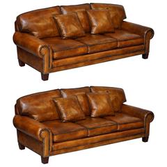 Pair of Brand New Ralph Lauren Jamacia Hand Dyed Brown Leather Four-Seat Sofas