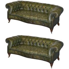 Antique Pair of Victorian Howard & Sons Style Serpentine Fronted Chesterfield Club Sofas