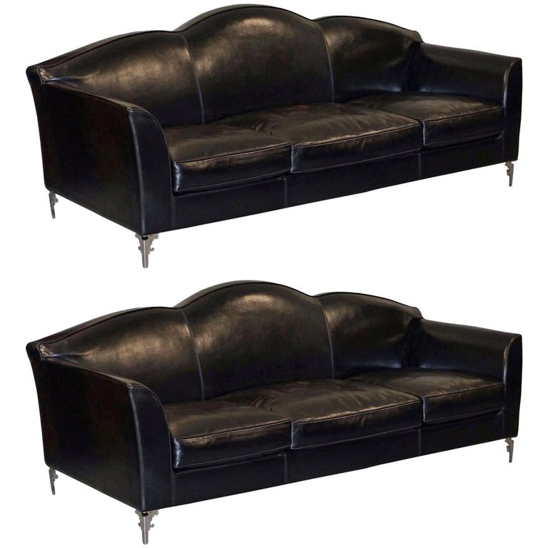 Pair Of Ipe Cavalli Nella Vatrina Black Leather Four Seater Sofas Pair Of Ipe Cavalli Nella Vatrina Black Leather Four Seater Sofas Made In Italy For