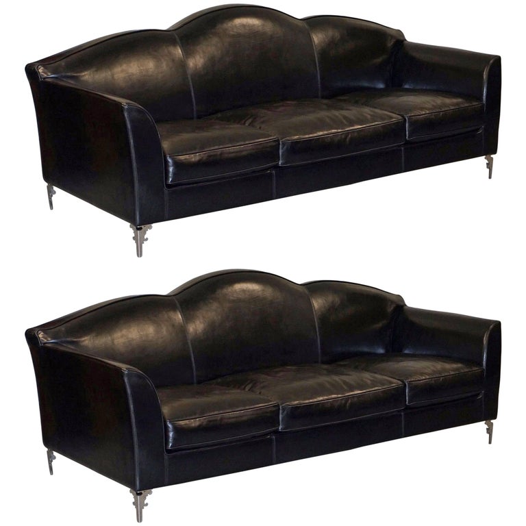 Pair Of Ipe Cavalli Nella Vatrina Black Leather Four Seater Sofas Made In Italy