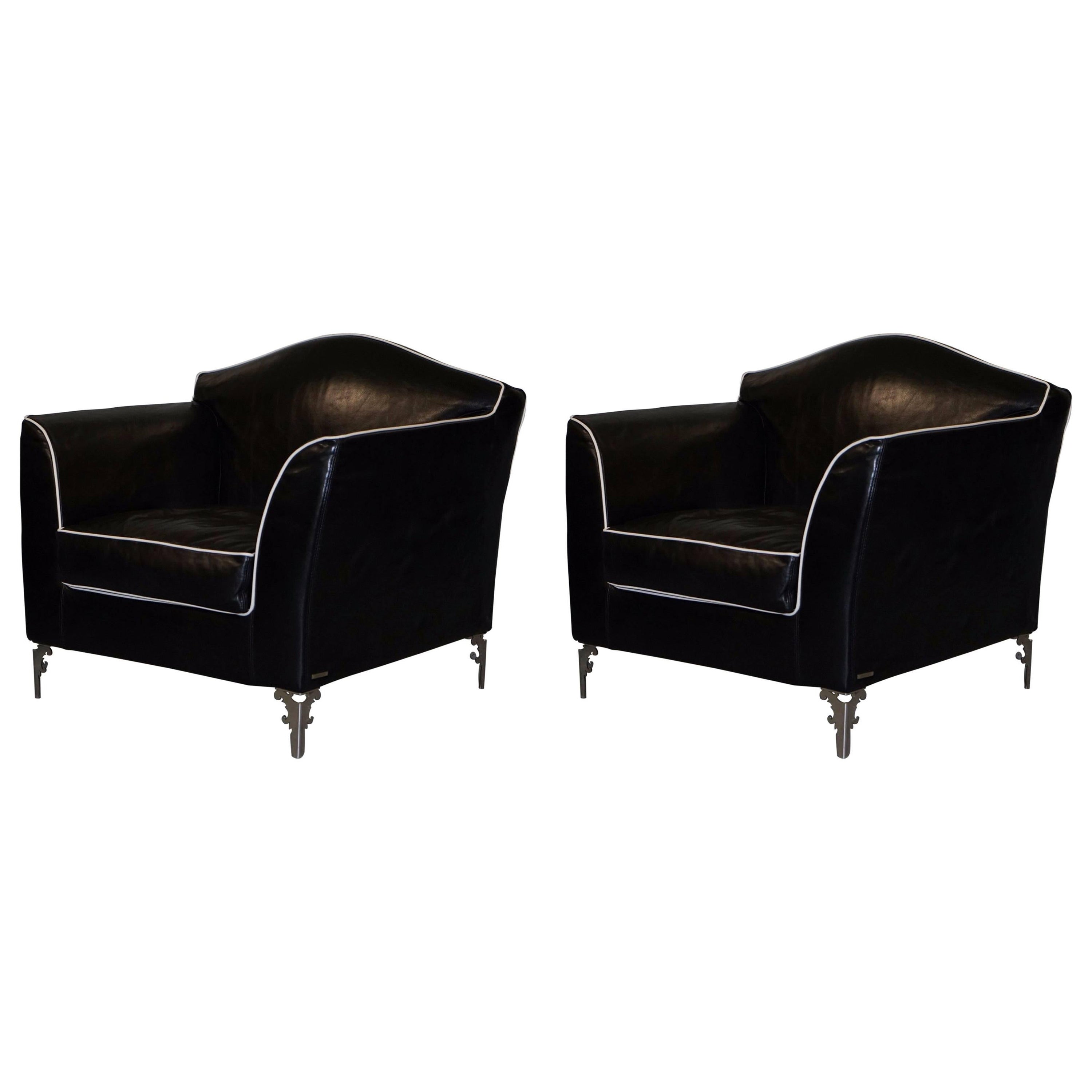 Pair of IPE Cavalli Nella Vertrina Avalon Black Leather Contemporary Armchairs