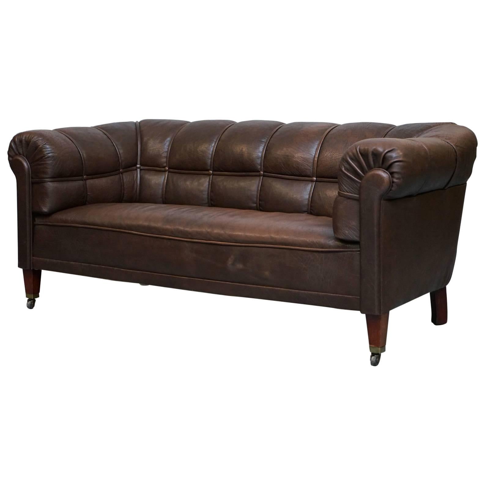 Victorian circa 1860 Swedish Brown Leather Chesterfield Club Sofa Fully Sprung For Sale