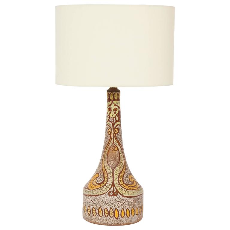 Mid Century Accolay Yellow Orange Brown Ceramic Lamp 1950 France Mid Century Accolay Yellow Orange Brown Ceramic Lamp 1950 France With A