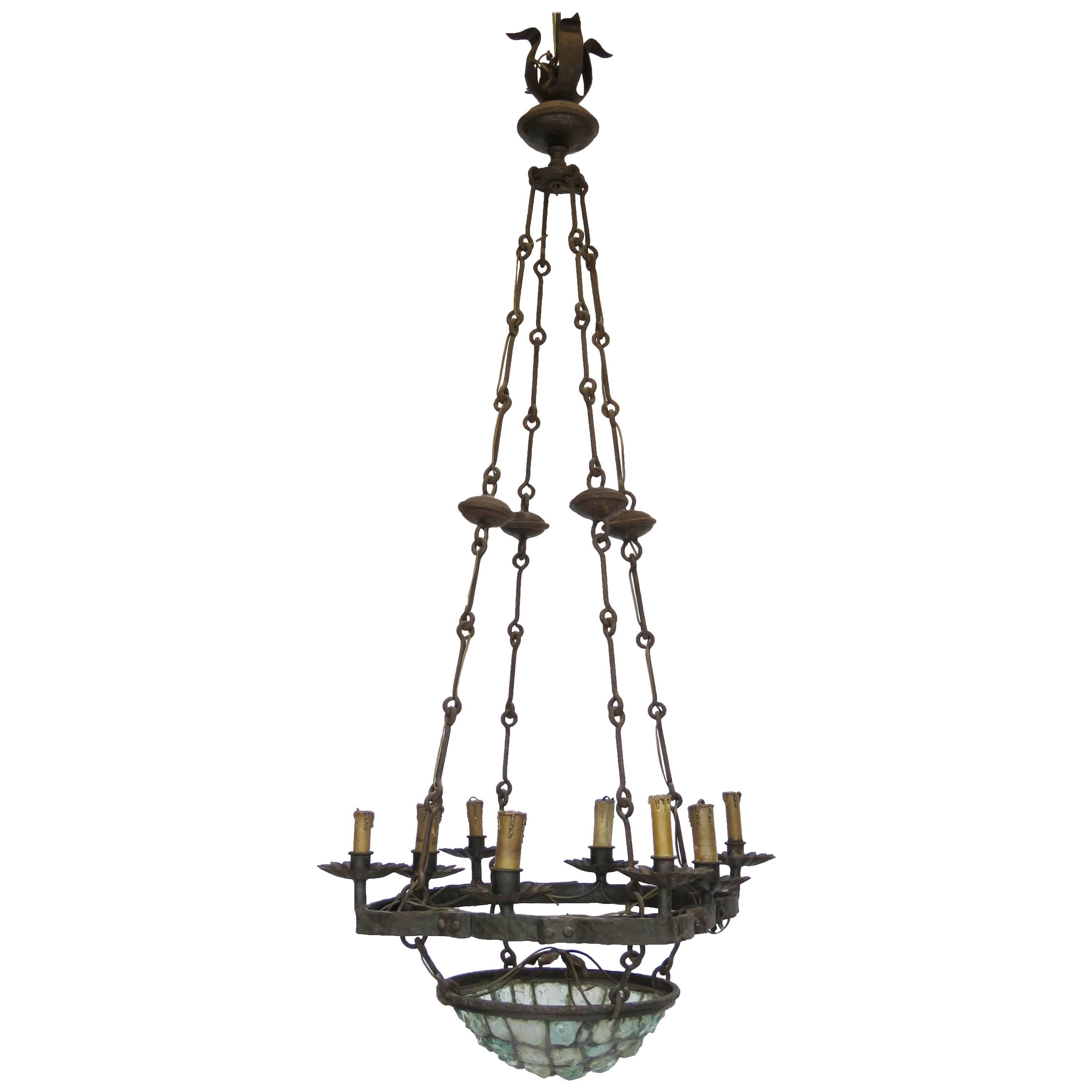19th Century Gaudi Style Iron Chandelier with Rock Crystal Bowl For Sale